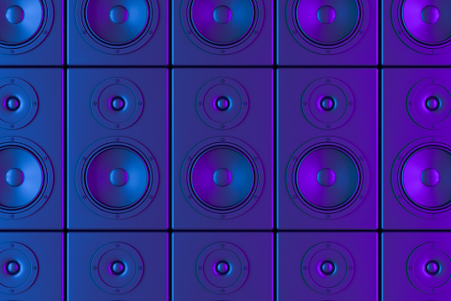 3d rendering of audio speakers with neon lights. Music party concept.