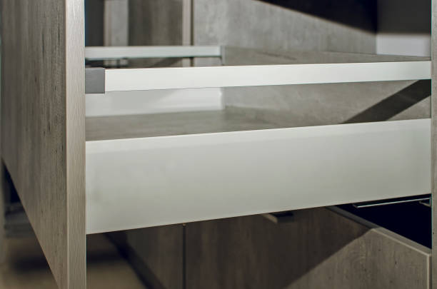 istock Drawer in the kitchen with metal walls and railing. Skybox, modern kitchen. 1323546001