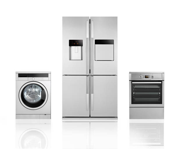 home appliances - three different refrigerators imagens e fotografias de stock