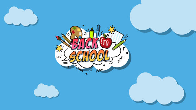 Animation of rocket flying across back to school text with stationery on white cloud in blue sky