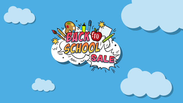 Animation of rocket flying across back to school sale text and stationery on white cloud in blue sky