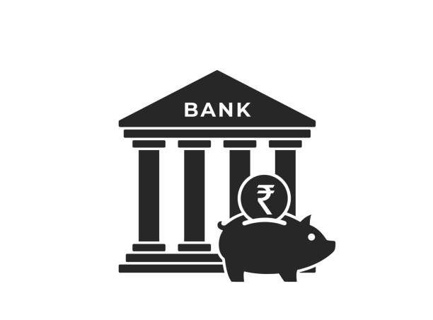 bank deposit icon. piggy bank with indian rupee coin. finance and banking symbol bank deposit icon. piggy bank with indian rupee coin. finance and banking symbol in simple style banking silhouettes stock illustrations
