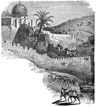 Southern Wall of Temple Mount in Jerusalem, Israel. Vintage etching circa 19th century.