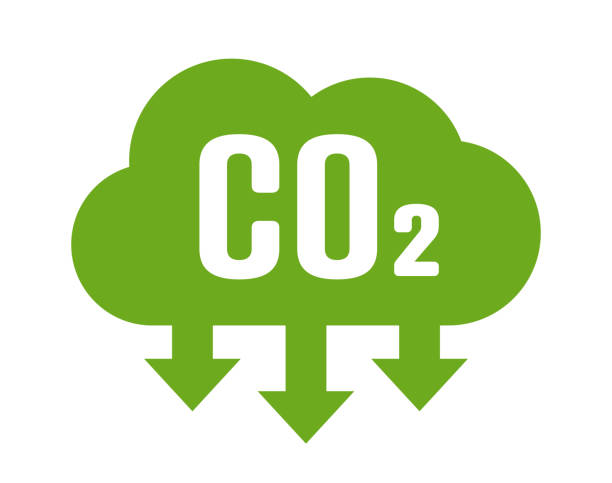 Co2 reduction cloud eco vector icon Co2 cloud symbol with down arrows for greenhouse gas reduction vector icon environmental damage stock illustrations
