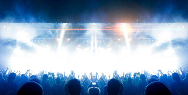 Concert spectators in front of a bright stage with live music Image shot during a music festival. Light comes from a stage with a band show, people silhouettes are visible in front of it. horn sign stock pictures, royalty-free photos & images