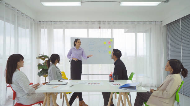 istock Group of Asian business people meeting with board, communicate, discuss documents, and working in a meeting room in office seminar, present ideas with colleagues. People lifestyle. Corporate teamwork 1323552920