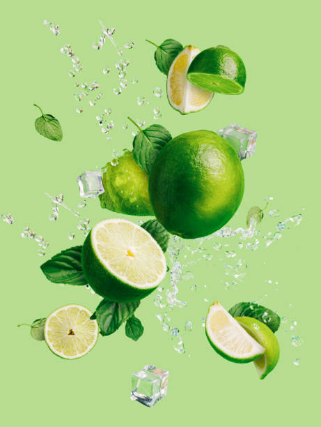 Slices of fresh and ripe lime with ice cubes, splashing water and mint leaves thrown in the air, flying and levitating on a bright green background. Creative food concept. Summer citrus fruit. Slices of fresh and ripe lime with ice cubes, splashing water and mint leaves thrown in the air, flying and levitating on a bright green background. Creative food concept. Summer citrus fruit. lime photos stock pictures, royalty-free photos & images