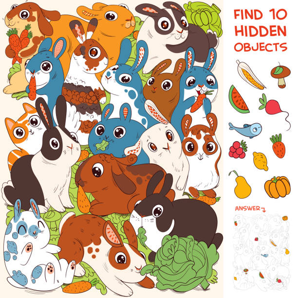 Group of rabbits. Find Cat. Find 10 hidden objects Group of rabbits. Find Cat. Find 10 hidden objects in the picture. Puzzle Hidden Items. Funny cartoon character. Vector illustration. Set brain eater stock illustrations