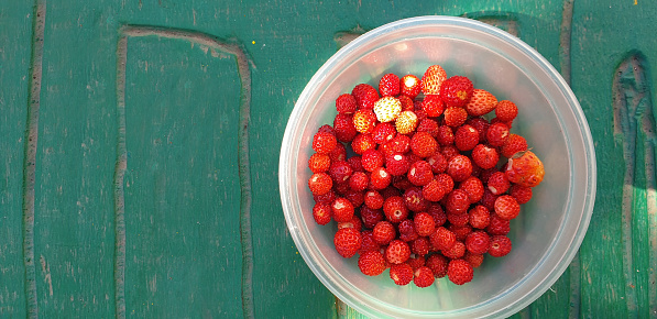 Directly above wild strawberries in a bowl on green background.