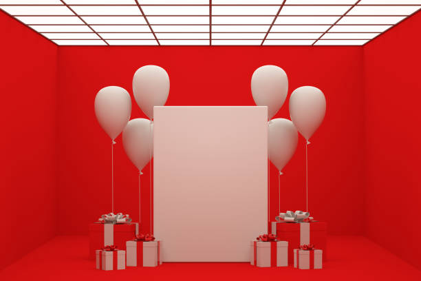 istock Balloons, Gift Boxes and Empty Frame in Light Room. Christmas, Valentine's day, Birthday Party concept. 1323556537