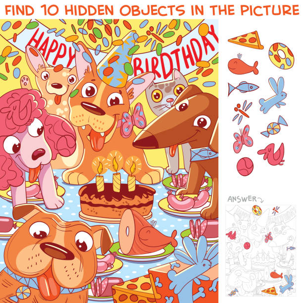 Dog birthday. Find 10 hidden objects Dog birthday. Find 10 hidden objects in the picture. Puzzle Hidden Items. Funny cartoon character discover card stock illustrations