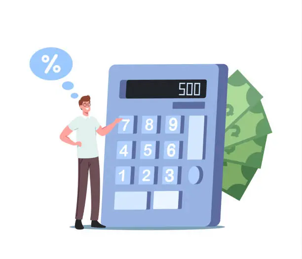 Vector illustration of Tiny Man Counting Budget on Huge Calculator. Promissory Note, Loan Agreement, Debt Return Promise, Saving Money