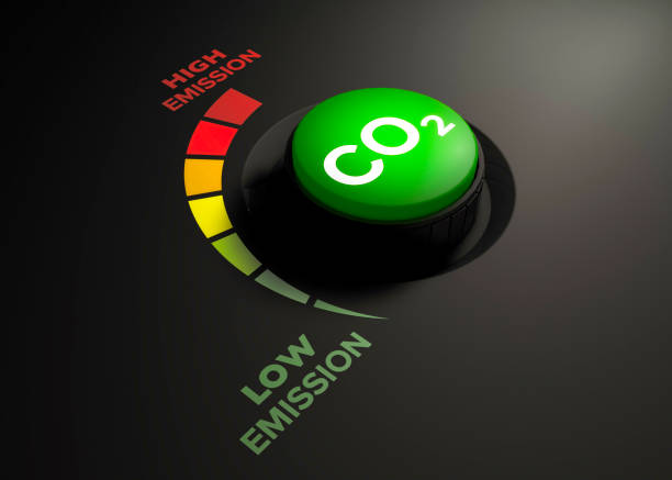 niższe emisje co2 w celu ograniczenia globalnego ocieplenia i zmiany klimatu. koncepcja z pokrętłem, aby zmniejszyć poziom co2. nowa technologia dekarbonizacji przemysłu - gauge metal meter heat zdjęcia i obrazy z banku zdjęć