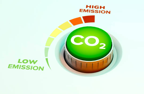 lower co2 emissions to limit global warming and climate change. concept with knob to reduce levels of co2. new technology to decarbonize industry - medidor co2 render imagens e fotografias de stock