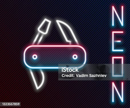 istock Glowing neon line Swiss army knife icon isolated on black background. Multi-tool, multipurpose penknife. Multifunctional tool. Colorful outline concept. Vector 1323557859