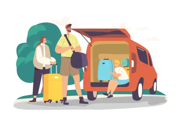 Vector illustration of Parents and Son Road Ready for Journey. Happy Family Loading Bags into Car Trunk for Travel. Mother, Father and Child