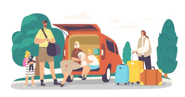 Vector illustration of Happy Family Characters Sitting at Car Trunk with Dog Ready for Travel. Mother, Father and Excited Children with Pet