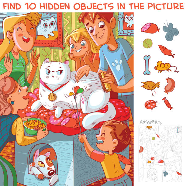 Family takes care of cat. Find 10 hidden objects vector art illustration