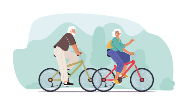 ilustrações de stock, clip art, desenhos animados e ícones de couple of cheerful seniors riding bicycles, man and woman pensioner active lifestyle, aged people extreme activity - senior adult action cycling senior couple