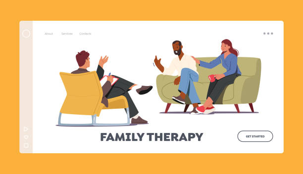 familie therapie landing page vorlage. psychotherapeutisches treffen, psychologische hilfe. charaktere auf sofa im gespräch mit arzt - mental health professional family couple psychiatrist stock-grafiken, -clipart, -cartoons und -symbole