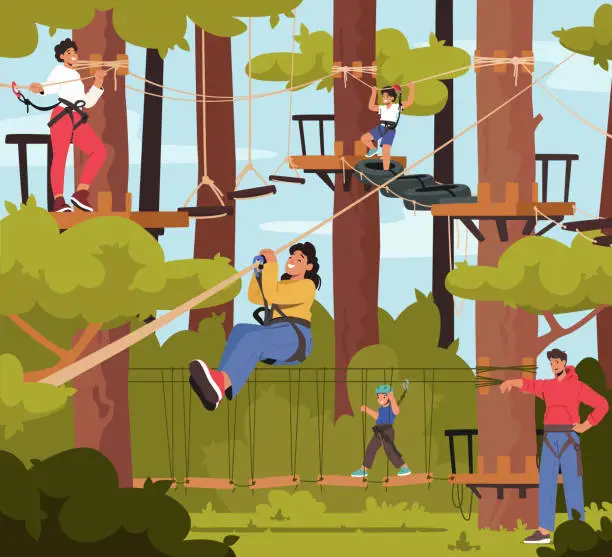 Vector illustration of Family in Rope Park, Father, Mother and Children Characters Overcome Obstacles, Climb on Trees, Cross Suspended Bridge