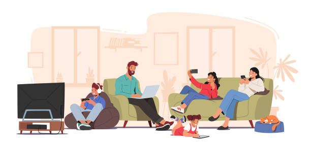 Family Characters Suffering of Social Media Internet Addiction Concept. Parents and Children Sitting Together at Home Family Characters Suffering of Social Media Internet Addiction Concept. Parents and Children Sitting Together at Home Using Gadgets, Smartphones, Digital Devices. Cartoon People Vector Illustration family home stock illustrations