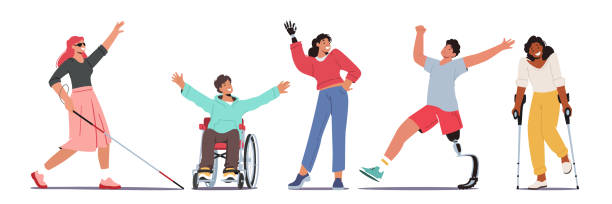 illustrazioni stock, clip art, cartoni animati e icone di tendenza di set personaggi disabili donna cieca con bastone, uomo in sedia a rotelle, donna con protesi robotica della mano, ragazza sulle stampelle - disabilità