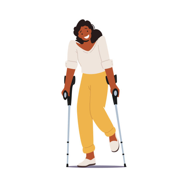 松葉杖の上の障害のある女性のキャラクタースタンド。事故後の患者リハビリテーション、病態を持つ病人 - crutch点のイラスト素材／クリップアート素材／マンガ素材／アイコン素材