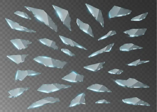 Vector illustration of Broken glass shards, realistic cracked fragments of explosion. Pieces of glass with sharp edges