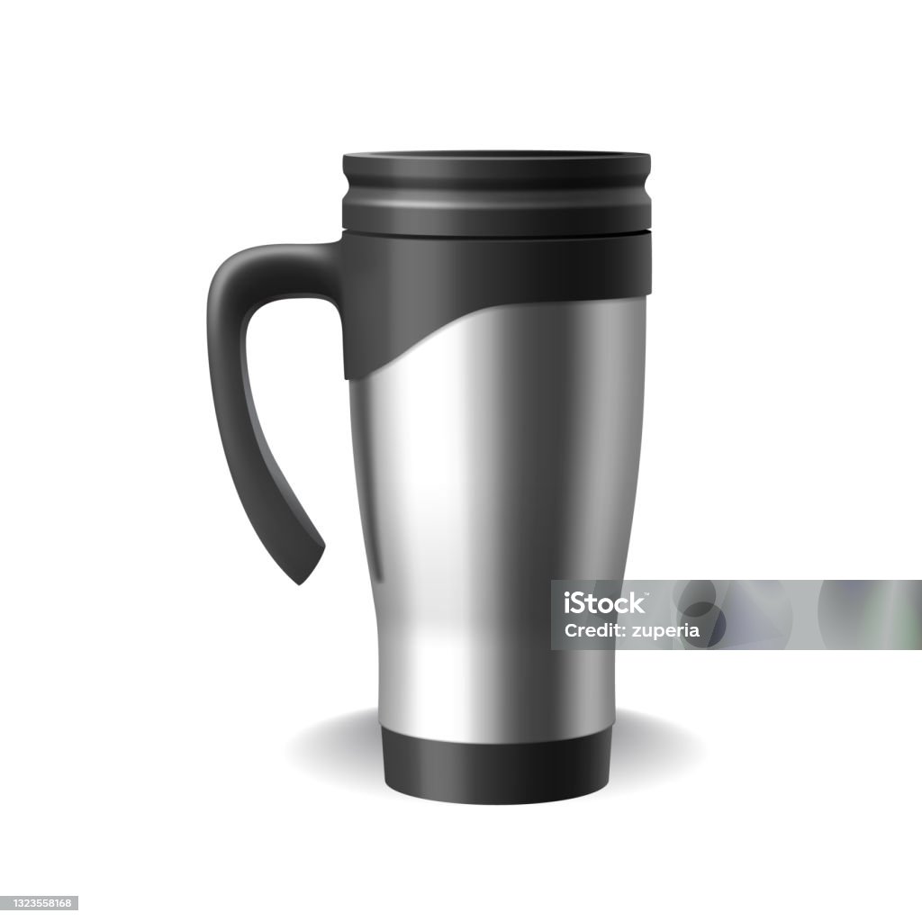 Realistic Chrome Silver Metal Travel Mug 3d Thermos For Car Or Office Hot  Drinks Bottle Blank Stock Illustration - Download Image Now - iStock