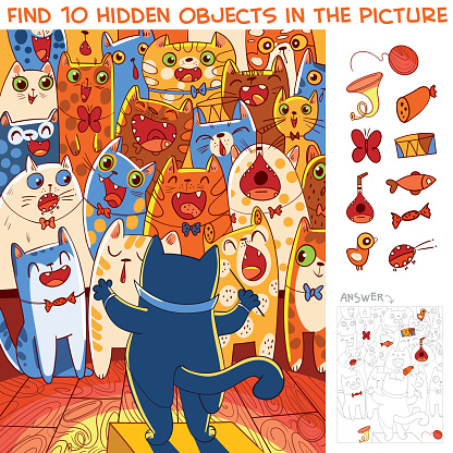 Choir of cats with a cat conductor. Find 10 hidden objects in the picture. Puzzle Hidden Items. Funny cartoon character