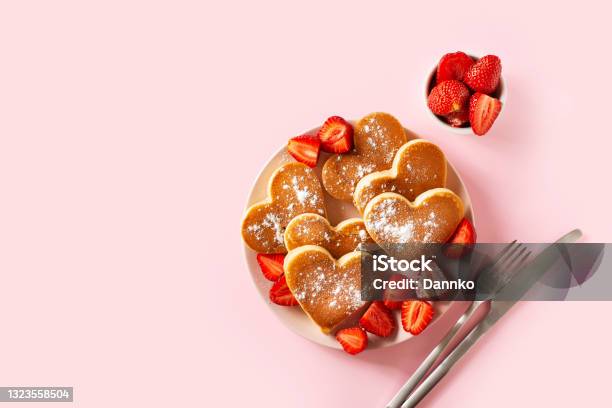 Heart Pancakes With Strawberry On Plate With Tableware Stock Photo - Download Image Now