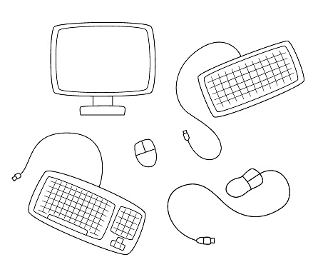 A set of computer equipment. Monitor, keyboard and mouse.Contour black and white isolated illustration in doodle style on white background.