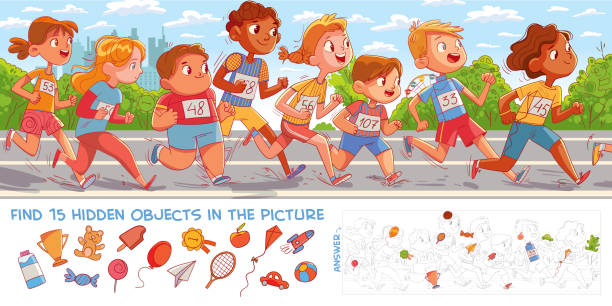 ilustrações de stock, clip art, desenhos animados e ícones de children run marathon. find 15 hidden objects - child running sport sports race