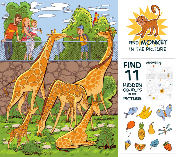 People feed giraffes at the zoo. Find 10 hidden objects vector art illustration