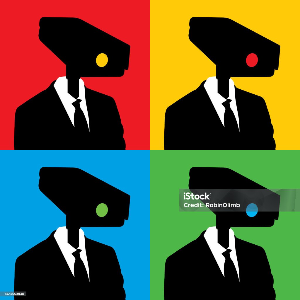 Security Camera Man Icons Vector illustration of  men with security camera heads on colorful square backgrounds. Peeking stock vector