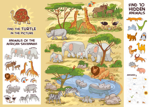 ilustrações de stock, clip art, desenhos animados e ícones de animals of the african savannah. puzzle hidden items - safari animals africa animals in the wild hippopotamus