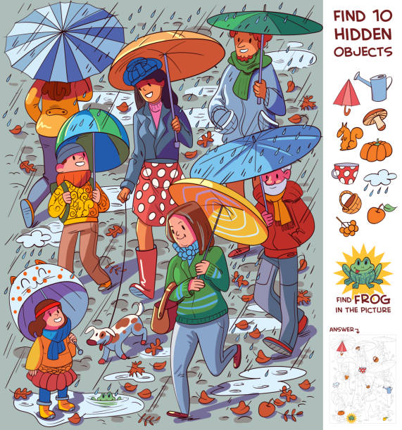 People with umbrellas in the rain. Find 10 hidden objects vector art illustration