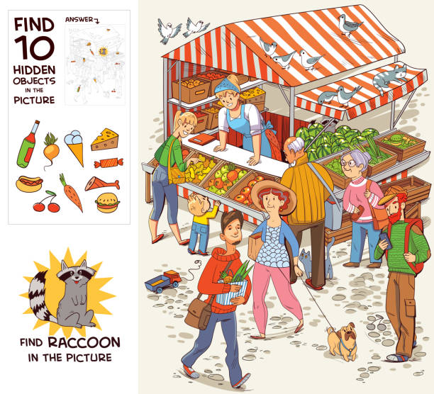 Group of people near the trade tent. Find 10 hidden objects vector art illustration