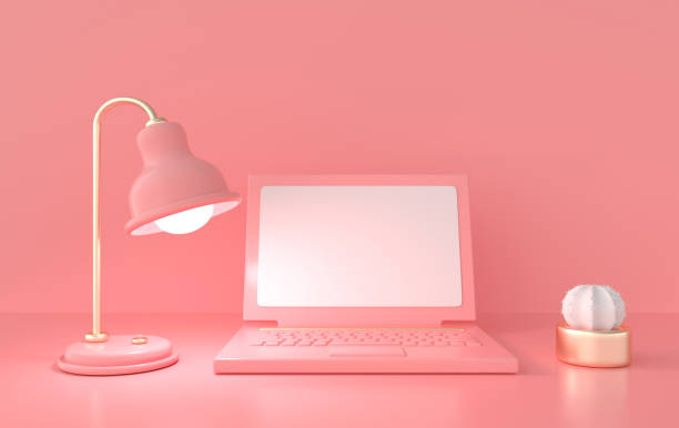 istock Laptop, lamp, cactus 3d rendering. Remote work, freelance, work space, lockdown, stay at home concept. 1323562254