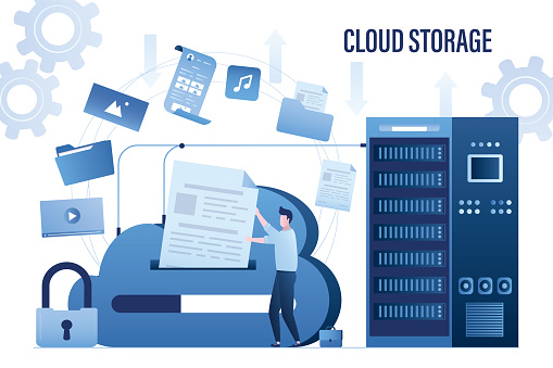 Male user puts file in cloud storage. Upload and download data with remote servers via cloud technologies. Information storage service, protective server and database. Trendy flat vector illustration