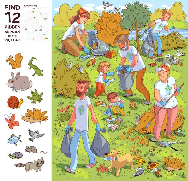 Vector illustration of Family collects garbage on nature. Find 12 hidden objects in the picture