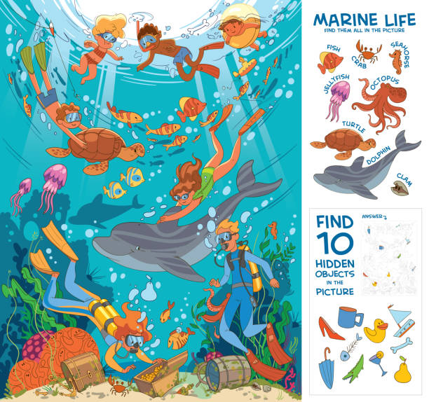 Diving and snorkeling. Underwater life. Puzzle Hidden Items Diving and snorkeling. Underwater life. Find all marine animals in the picture. Find 10 hidden objects in the picture. Puzzle Hidden Items. Funny cartoon character. Vector illustration cartoon of a searching stock illustrations