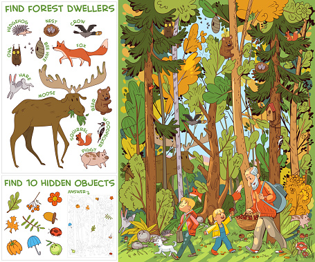 People and dog go to forest for mushrooms. Find all animals in picture. Find 10 hidden objects