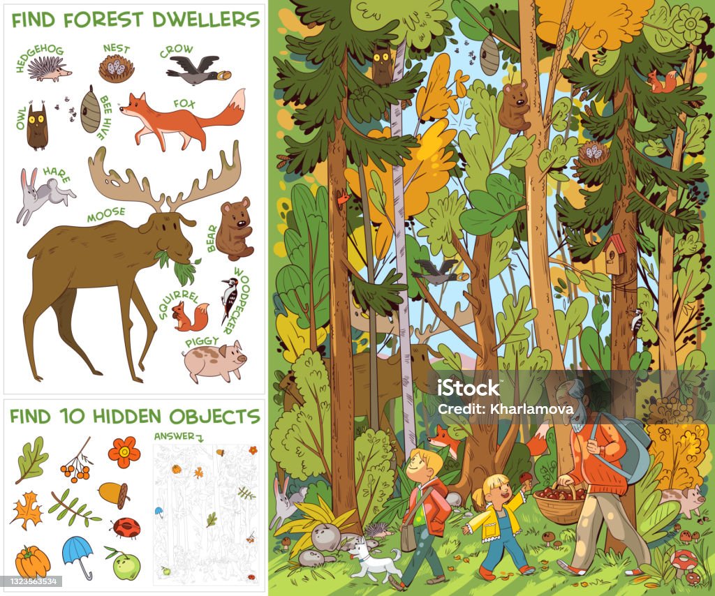 People And Dog Go To Forest For Mushrooms Find All Animals In Picture Find  10 Hidden Objects Stock Illustration - Download Image Now - iStock