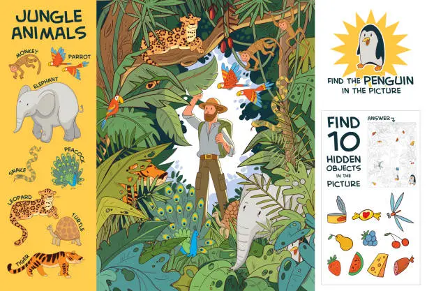 Vector illustration of Explorer in Indian jungle. Find 10 hidden objects in picture