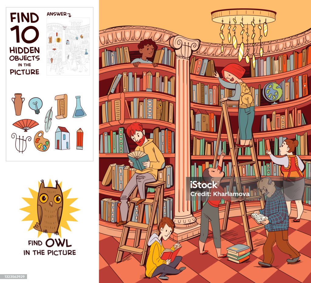 Great Library Hall Find Owl Find 10 Hidden Objects Stock Illustration -  Download Image Now - Istock