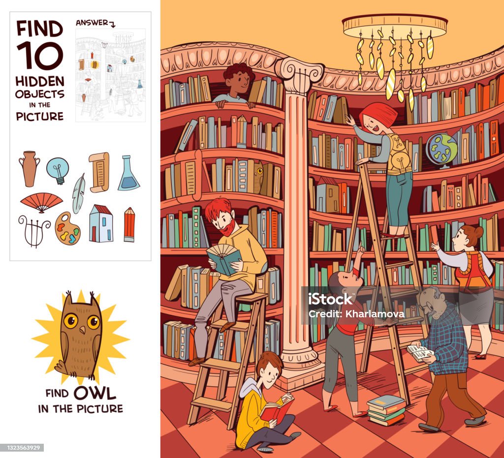 Great Library Hall Find Owl Find 10 Hidden Objects Stock Illustration - Download Image Now - Istock