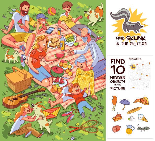 ilustraciones, imágenes clip art, dibujos animados e iconos de stock de familia en picnic. buscar 10 objetos ocultos en la imagen - camping family vacations eating