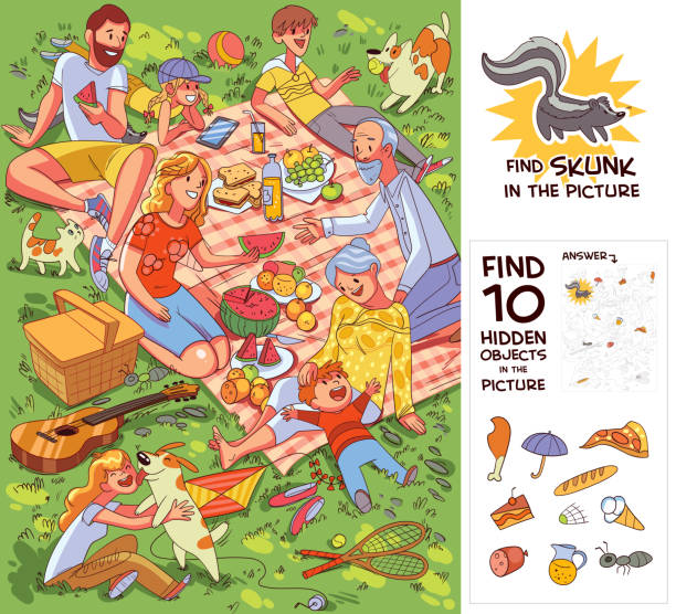 ilustrações de stock, clip art, desenhos animados e ícones de family at picnic. find 10 hidden objects in the picture - hiding